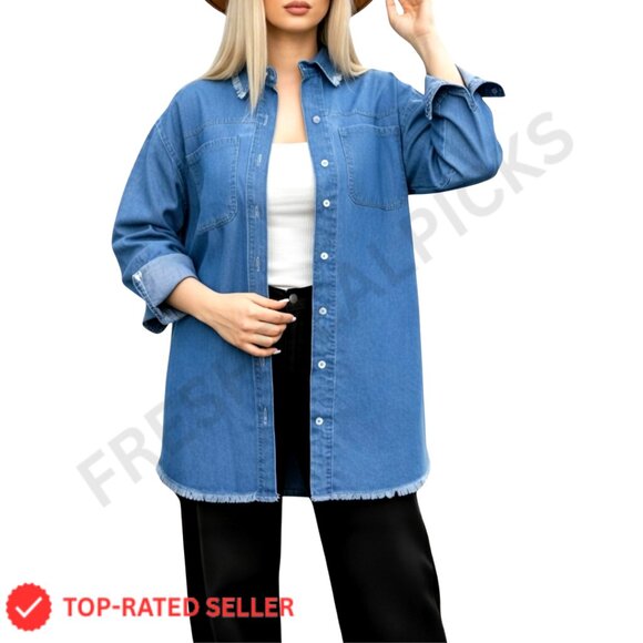 Jackets & Blazers - Oversized Denim Shacket Button-Up Long Sleeve Chic Casual Western Y2K